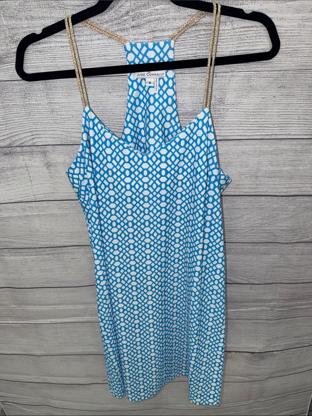 Jude Connally Turquoise & White Geometric Slip Dress with Gold Straps
